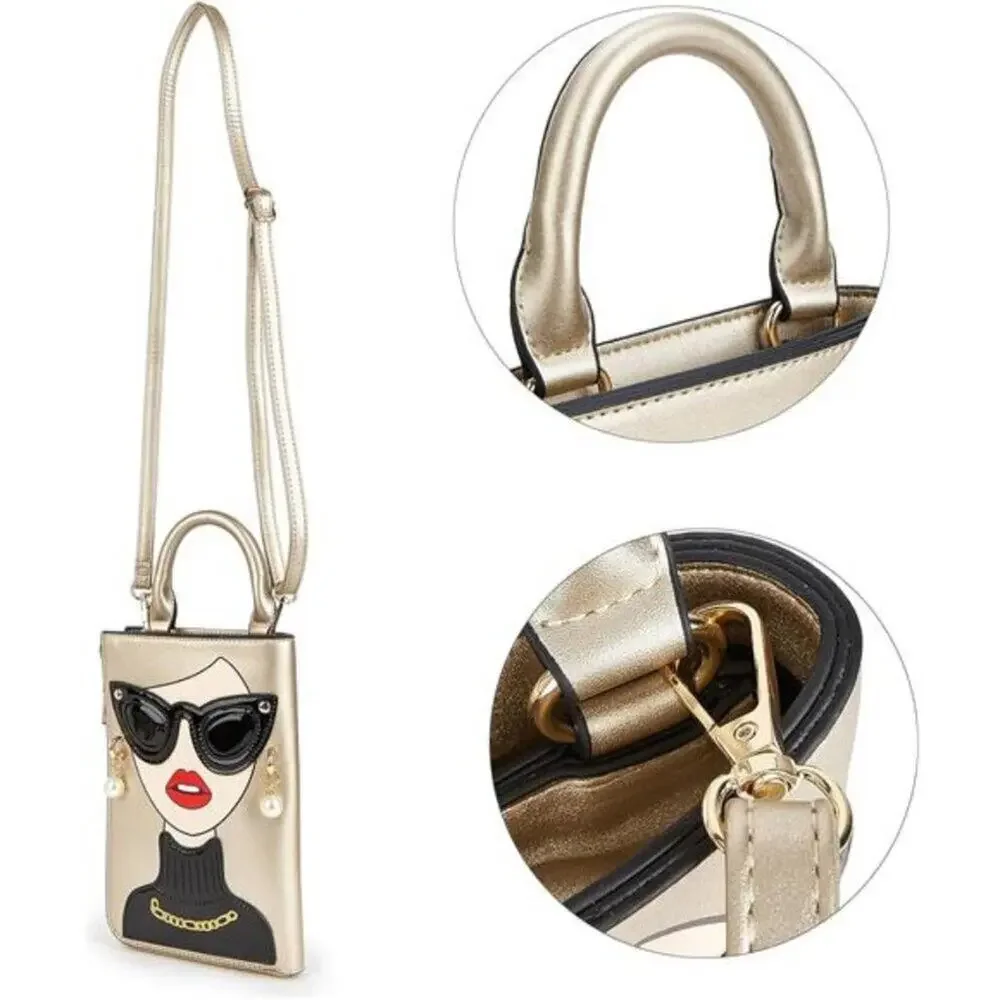 Women Golden Lady Face Shoulder Bags Funky Vegan Leather Top Handle Satchel